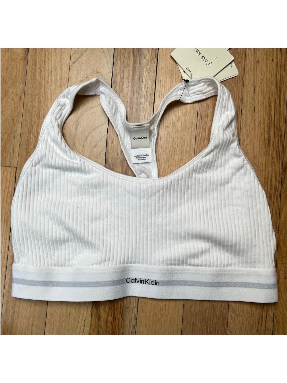 NEW Calvin Klein White Cotton Modal Stretch Rib Racerback Unlined Bralette Sz L